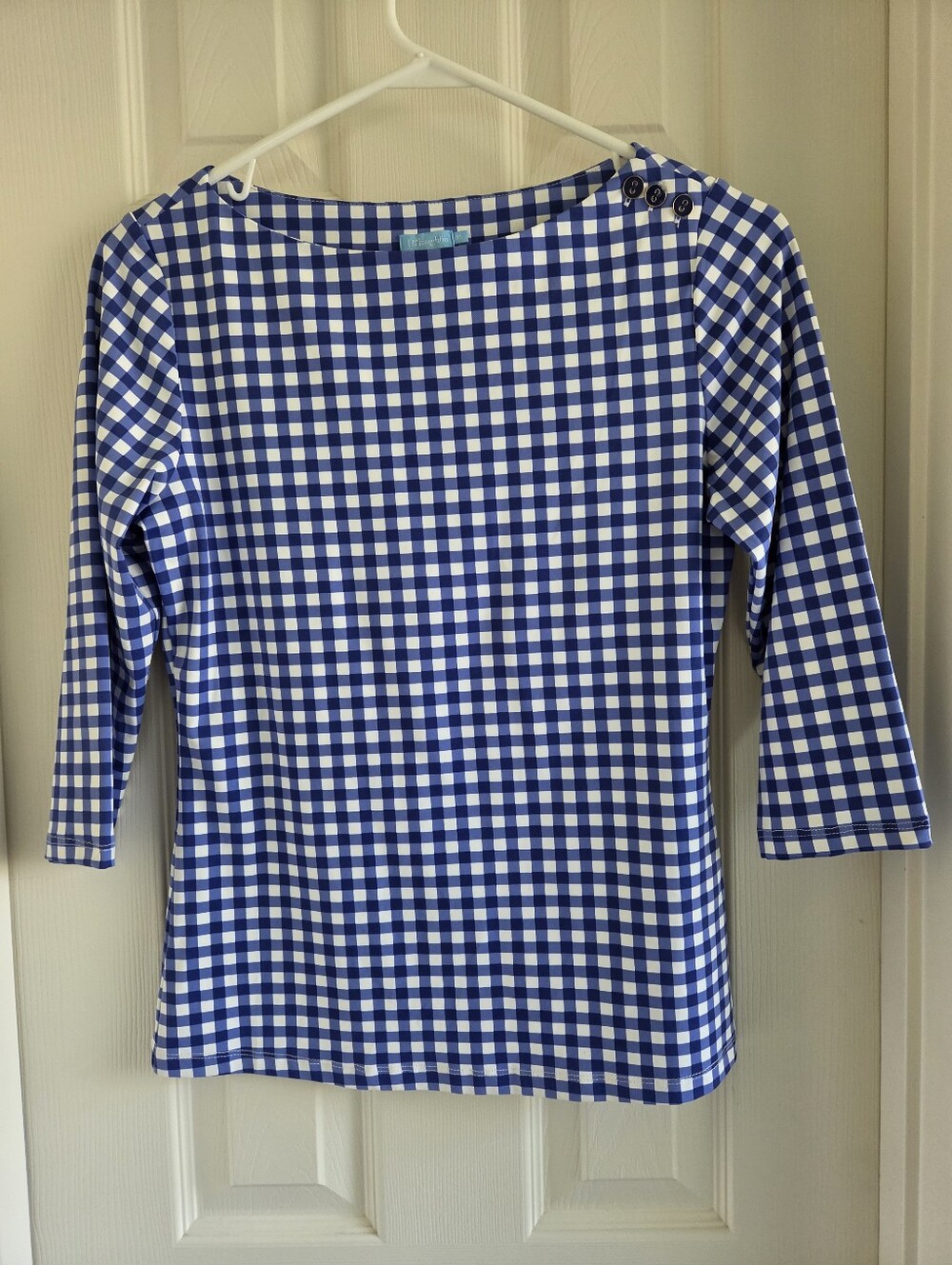 J.McLaughlin Gingham Boatneck Tee Catalina Cloth Blue White 3/4 Sleeve Size‎ XS